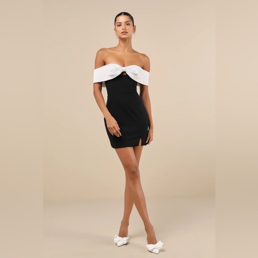 Lulus Extravagant Moment Black and White Off-the-Shoulder Mini Dress - Picture 4 of 9